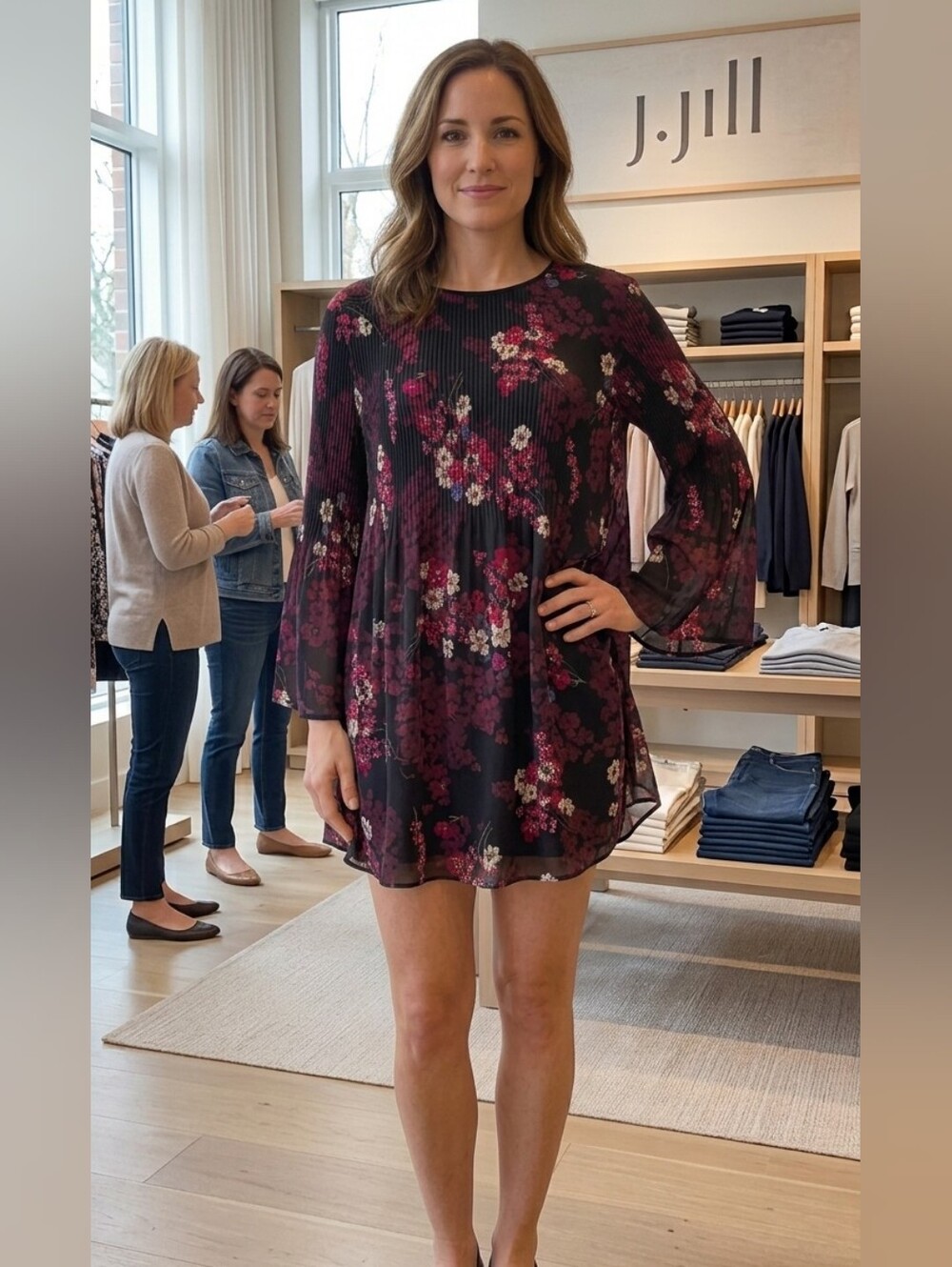 J. Jill Women's Cherry Blosson Floral Chiffon Swing Dress - Black & Burgundy